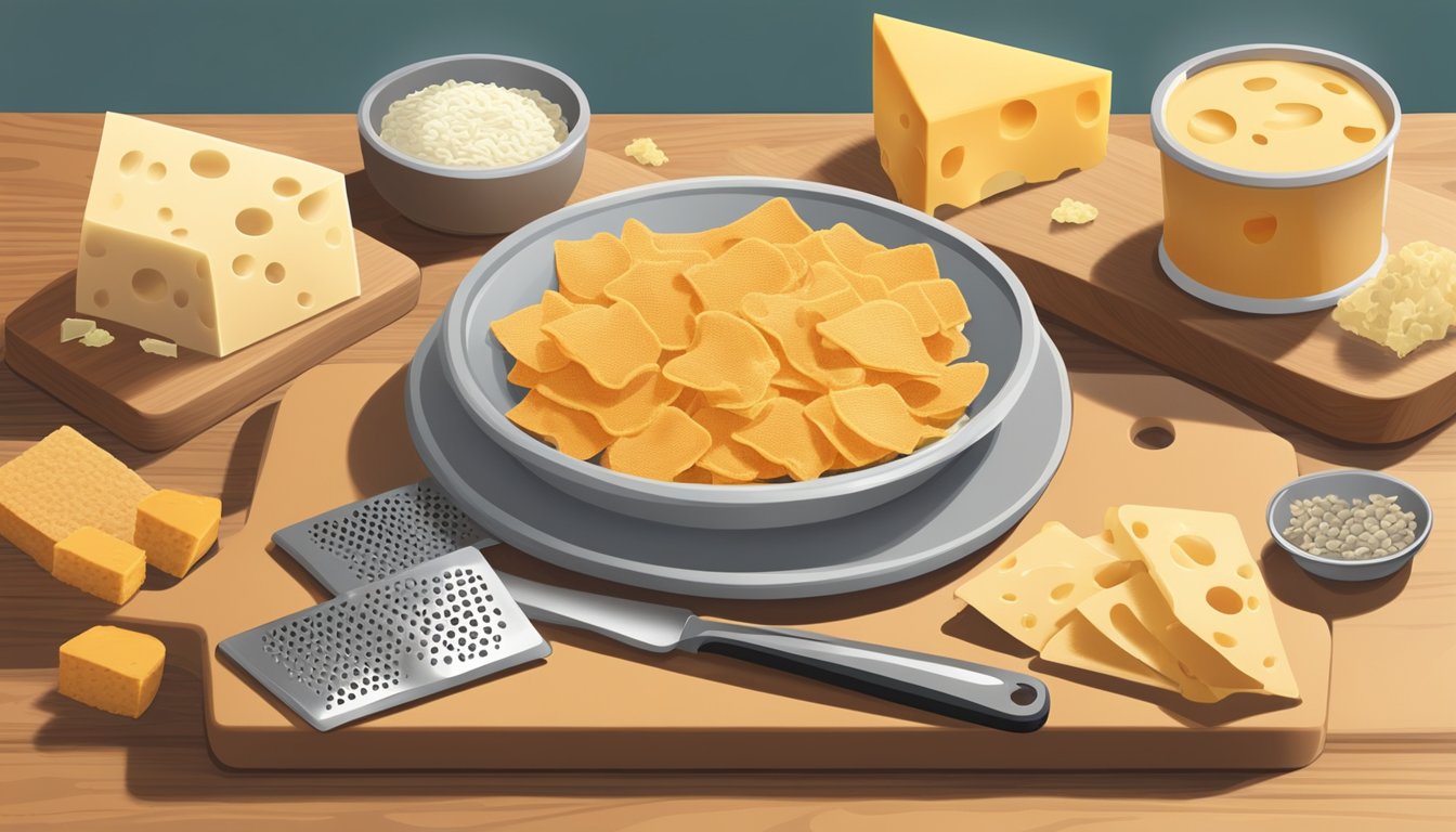 A plate of cheese crisps sits on a wooden cutting board, surrounded by various types of cheese and a grater. A small container of the crisps is partially open, with a few crisps spilling out onto the table