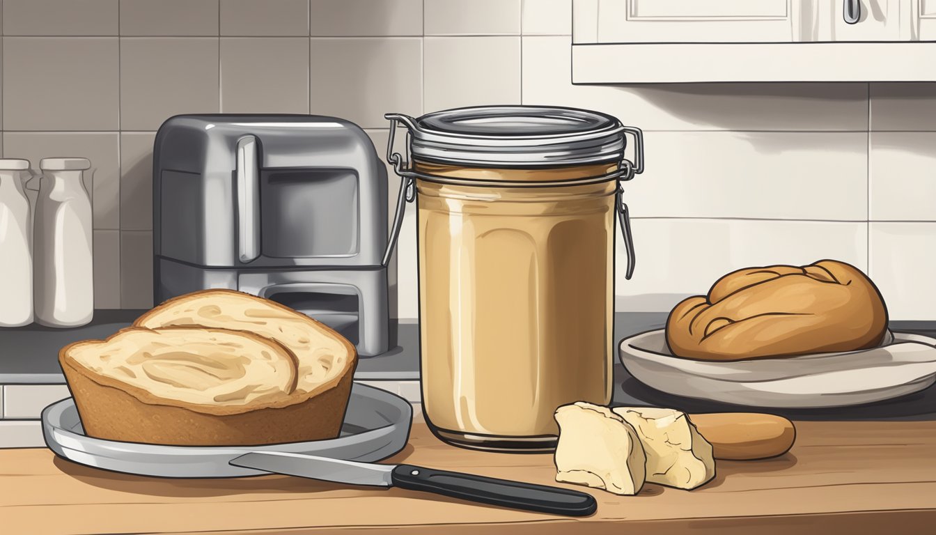 A jar of cashew butter sits on a kitchen counter, next to a loaf of bread and a knife. The lid is slightly ajar, with a few smudges of butter on the rim