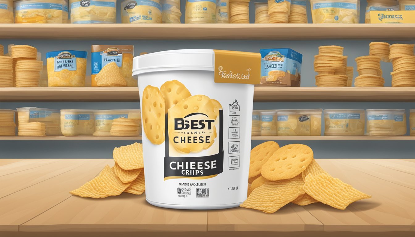 A sealed container of cheese crisps sits on a pantry shelf, with a "best by" date visible on the packaging