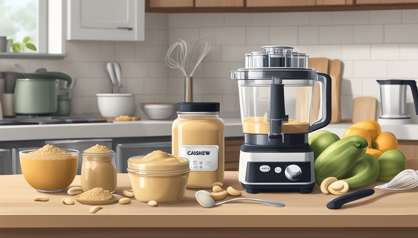 A jar of cashew butter sits on a kitchen counter, surrounded by measuring spoons, a mixing bowl, and a food processor