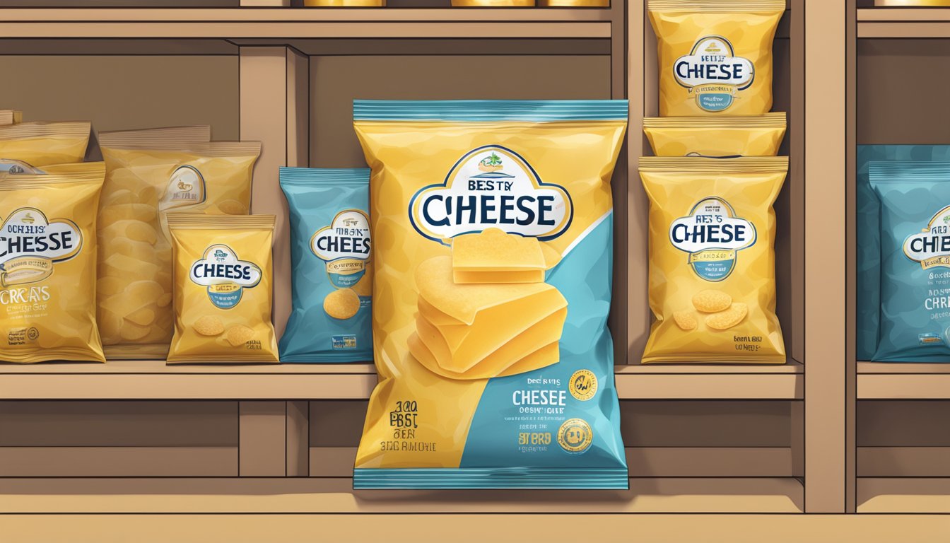 A bag of cheese crisps sits unopened on a shelf, with a "best by" date visible on the packaging