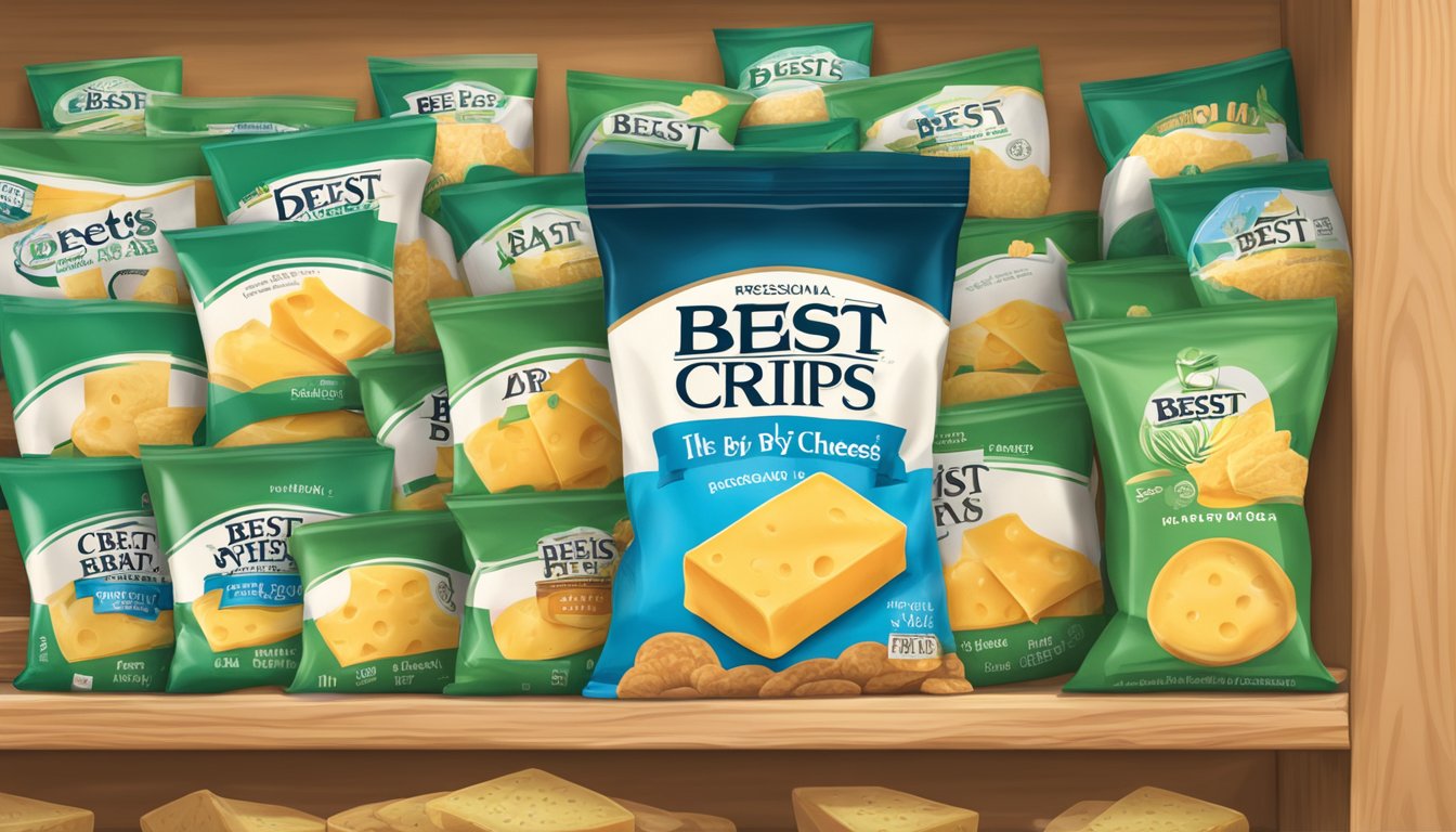 A bag of cheese crisps sits on a shelf, with a "best by" date clearly visible. The bag is unopened and appears to be in good condition