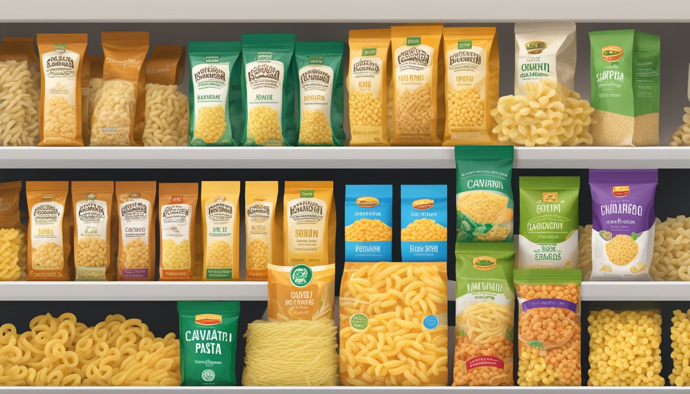 A package of cavatappi pasta sits on a pantry shelf, surrounded by other types of pasta. The expiration date is visible on the packaging