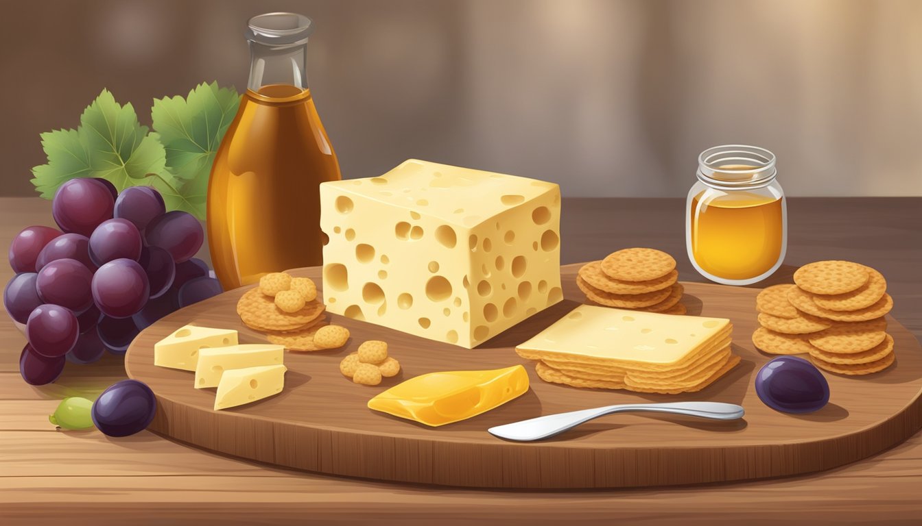 A plate of cheese crisps sits on a wooden cutting board, surrounded by grapes and crackers. A small container of honey is nearby