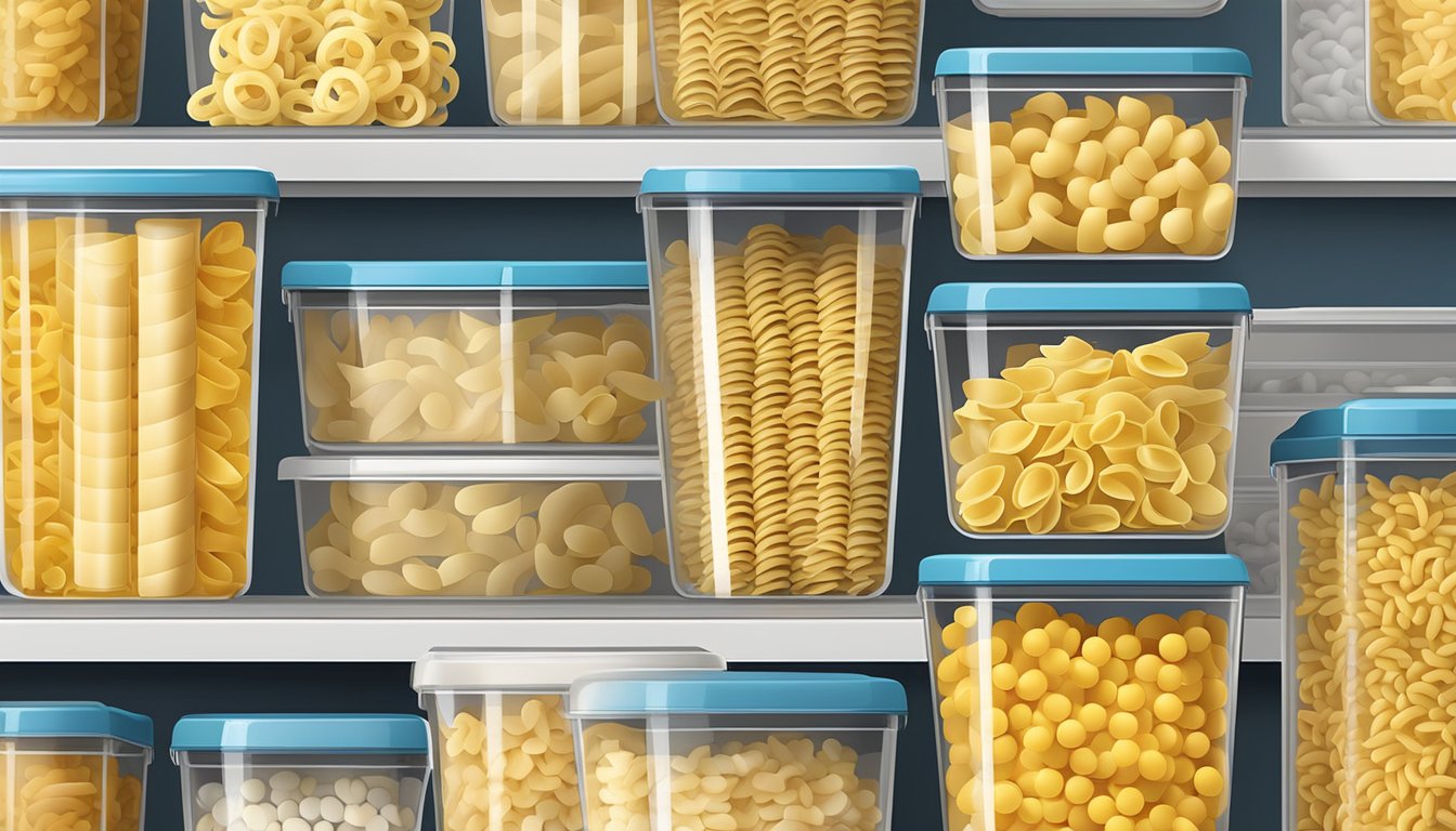 Airtight container with cavatappi pasta, stored in a cool, dry pantry