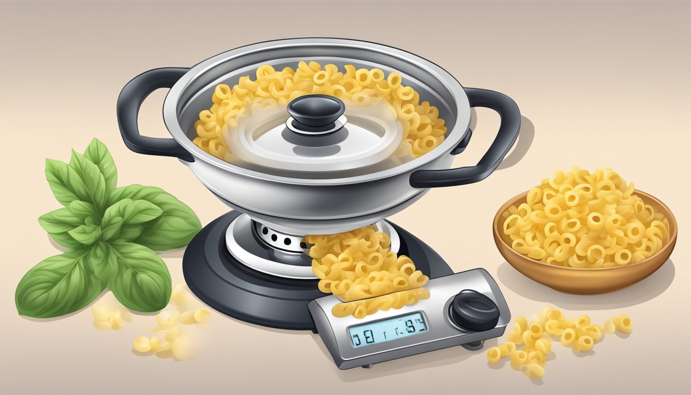 A pot of boiling water with cavatappi pasta inside, a timer set, and a colander nearby for draining