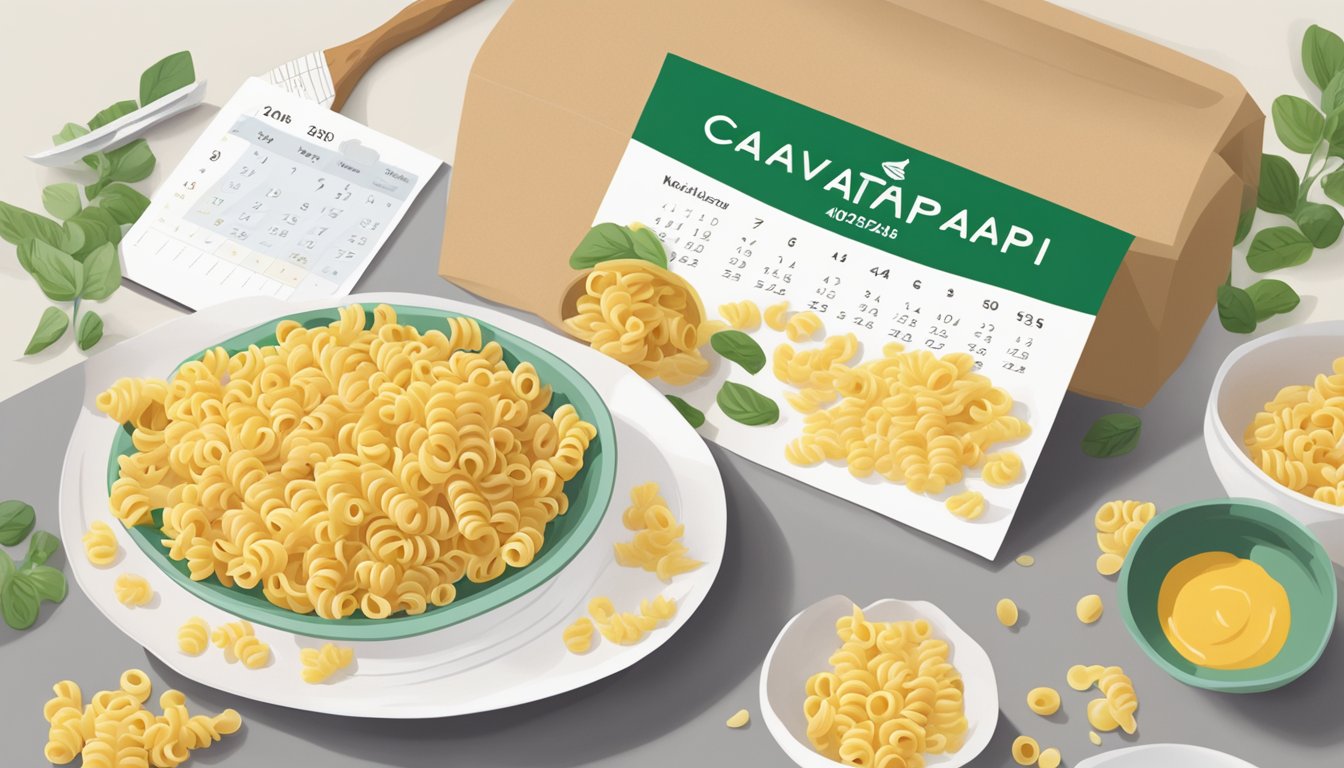 A package of cavatappi pasta sits on a kitchen counter next to a calendar, with a few loose noodles scattered around