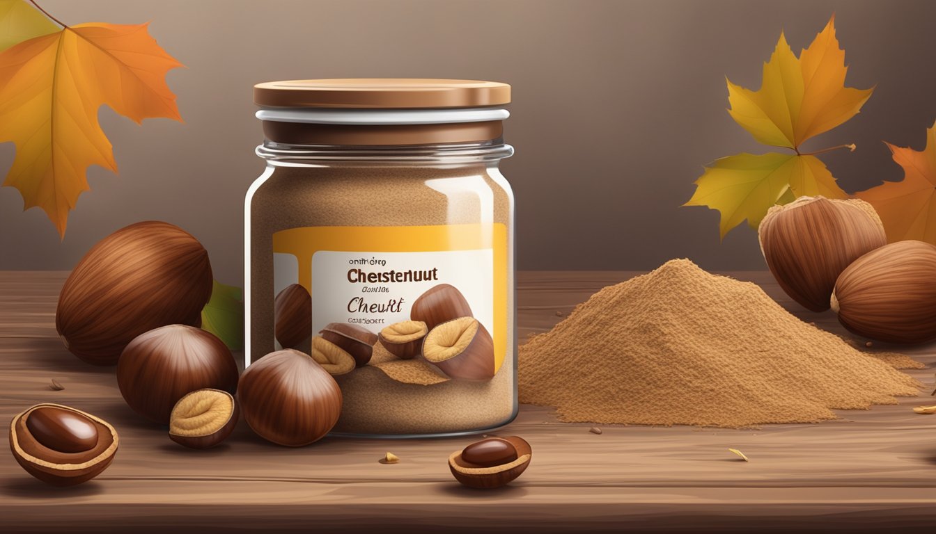 A jar of chestnut flour sits on a rustic wooden table, surrounded by scattered chestnuts and a few fallen leaves