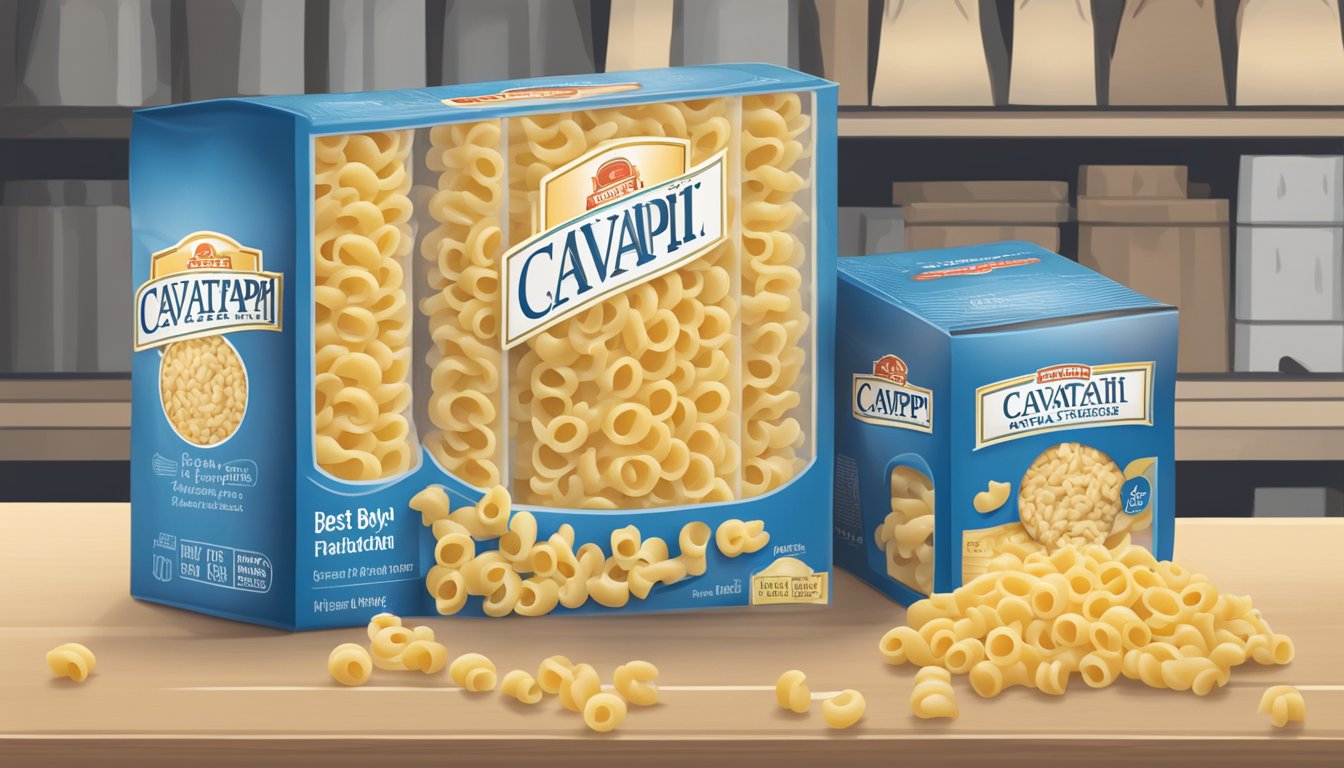 A package of cavatappi pasta sitting on a shelf with a "best by" date clearly visible