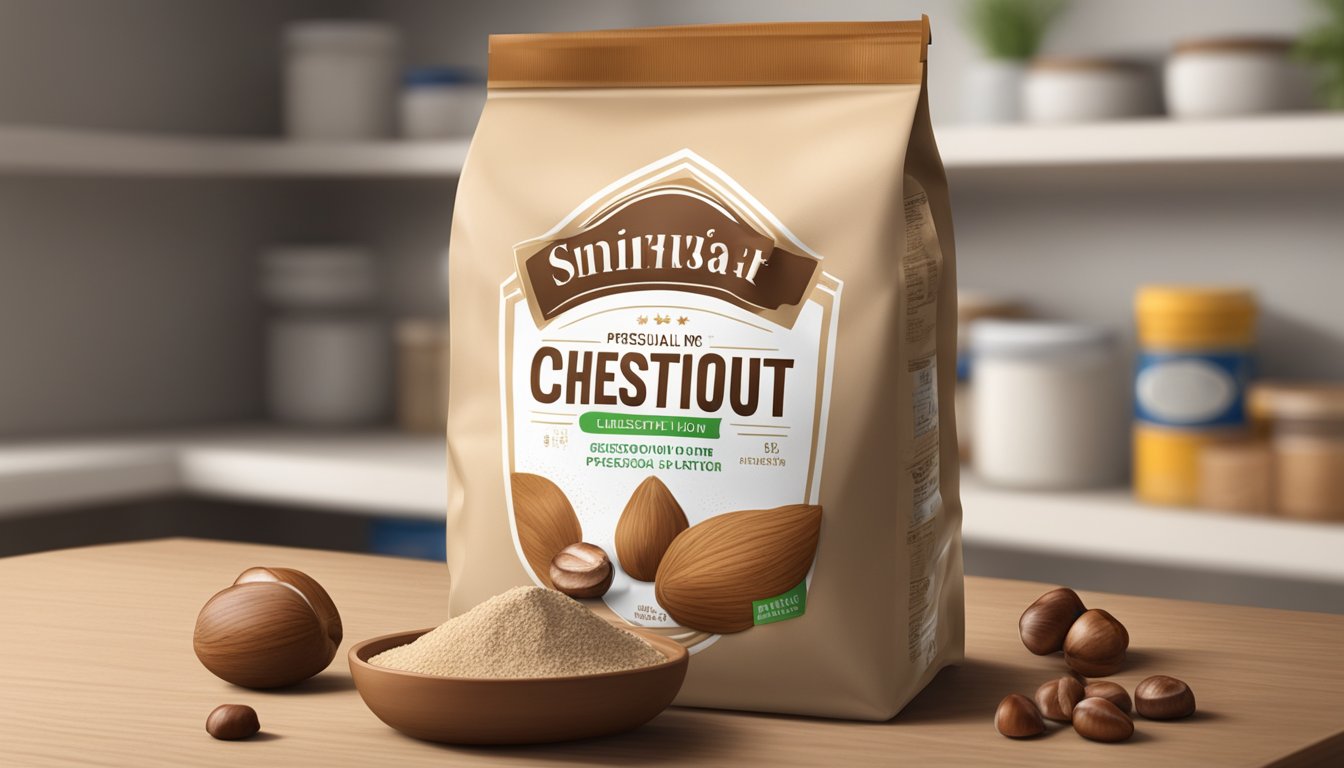 A bag of chestnut flour sits on a pantry shelf, sealed and labeled with an expiration date