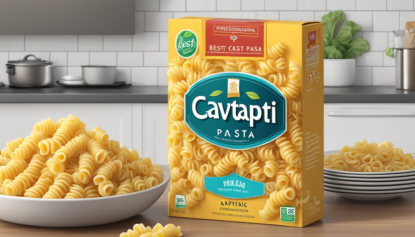 A package of cavatappi pasta sits on a kitchen countertop, with a "best by" date clearly visible