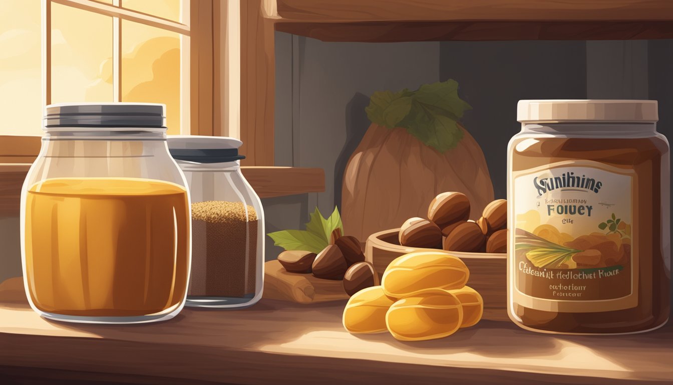 A sealed bag of chestnut flour sits on a pantry shelf next to a jar of honey and a container of dried fruit. Sunshine streams through the window, casting a warm glow on the ingredients