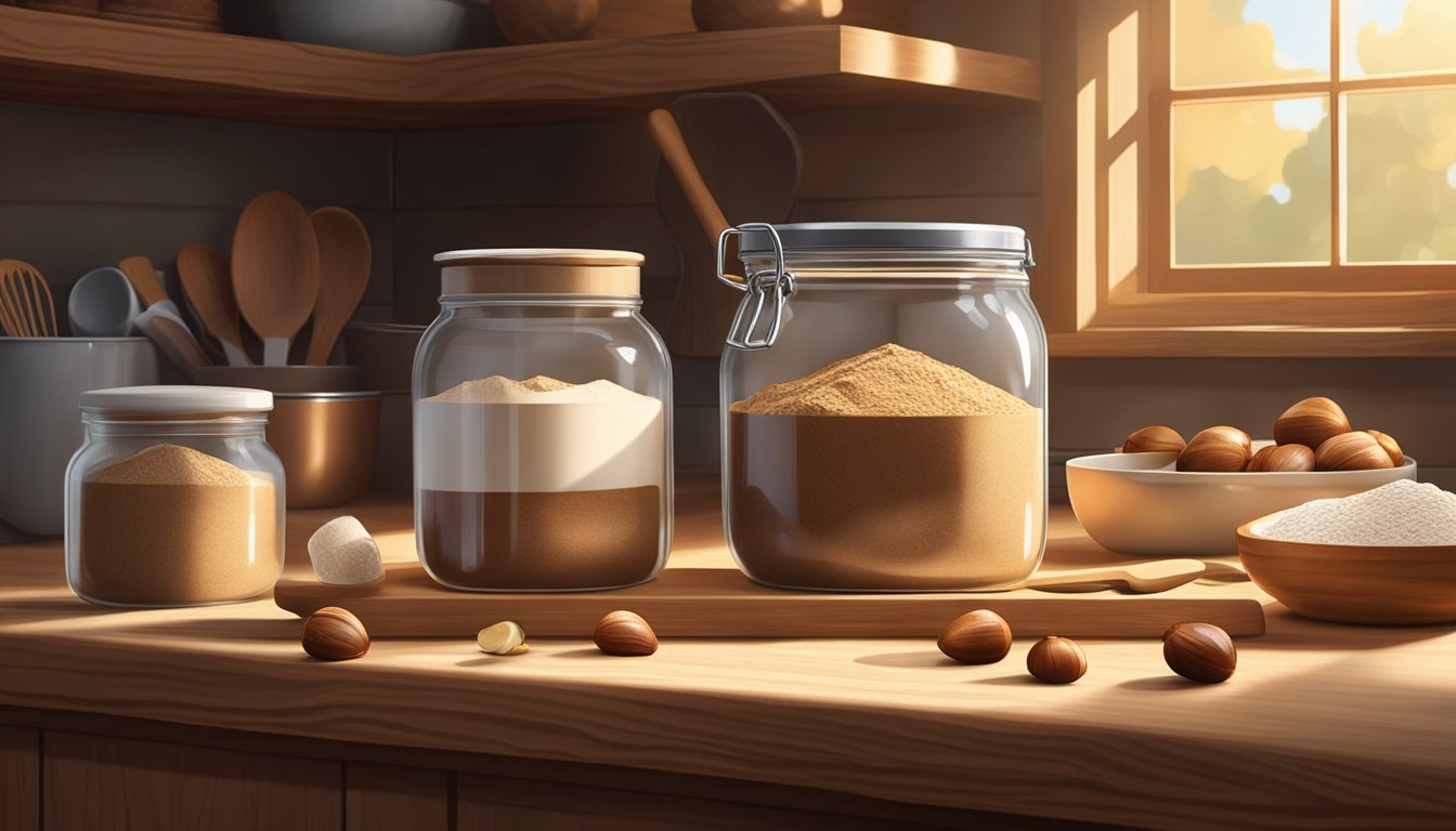 A jar of chestnut flour sits on a rustic wooden kitchen counter, surrounded by baking utensils and ingredients. The warm sunlight streams in through a nearby window, casting a soft glow on the scene