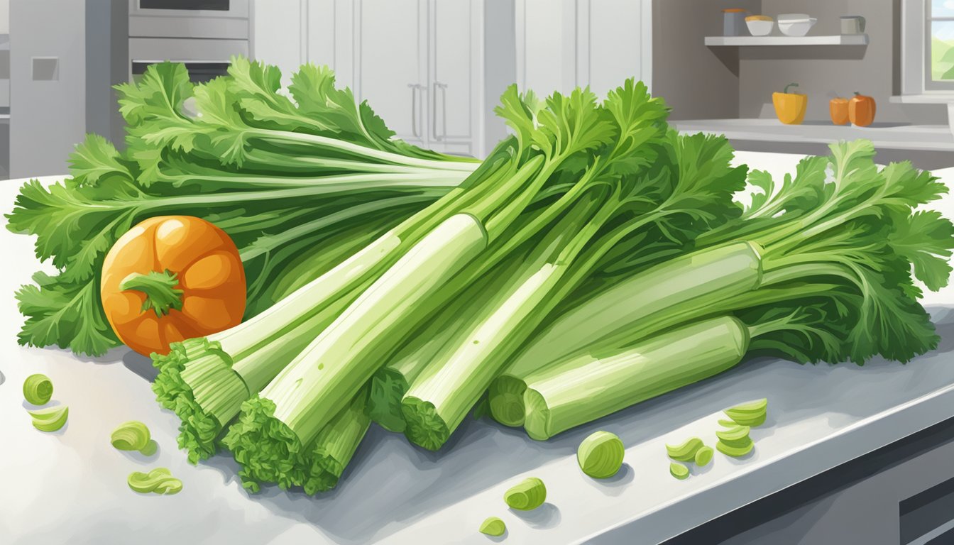 A bunch of celery sits on a clean, white kitchen counter, surrounded by other fresh vegetables. The celery looks crisp and green, with no signs of wilting or discoloration