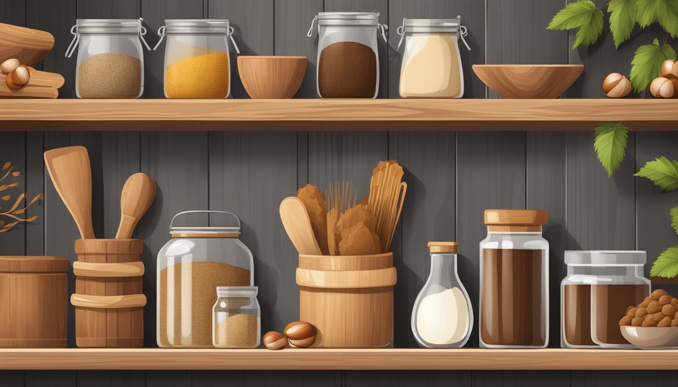 A rustic wooden pantry shelf with a bag of chestnut flour, surrounded by traditional cooking ingredients and utensils