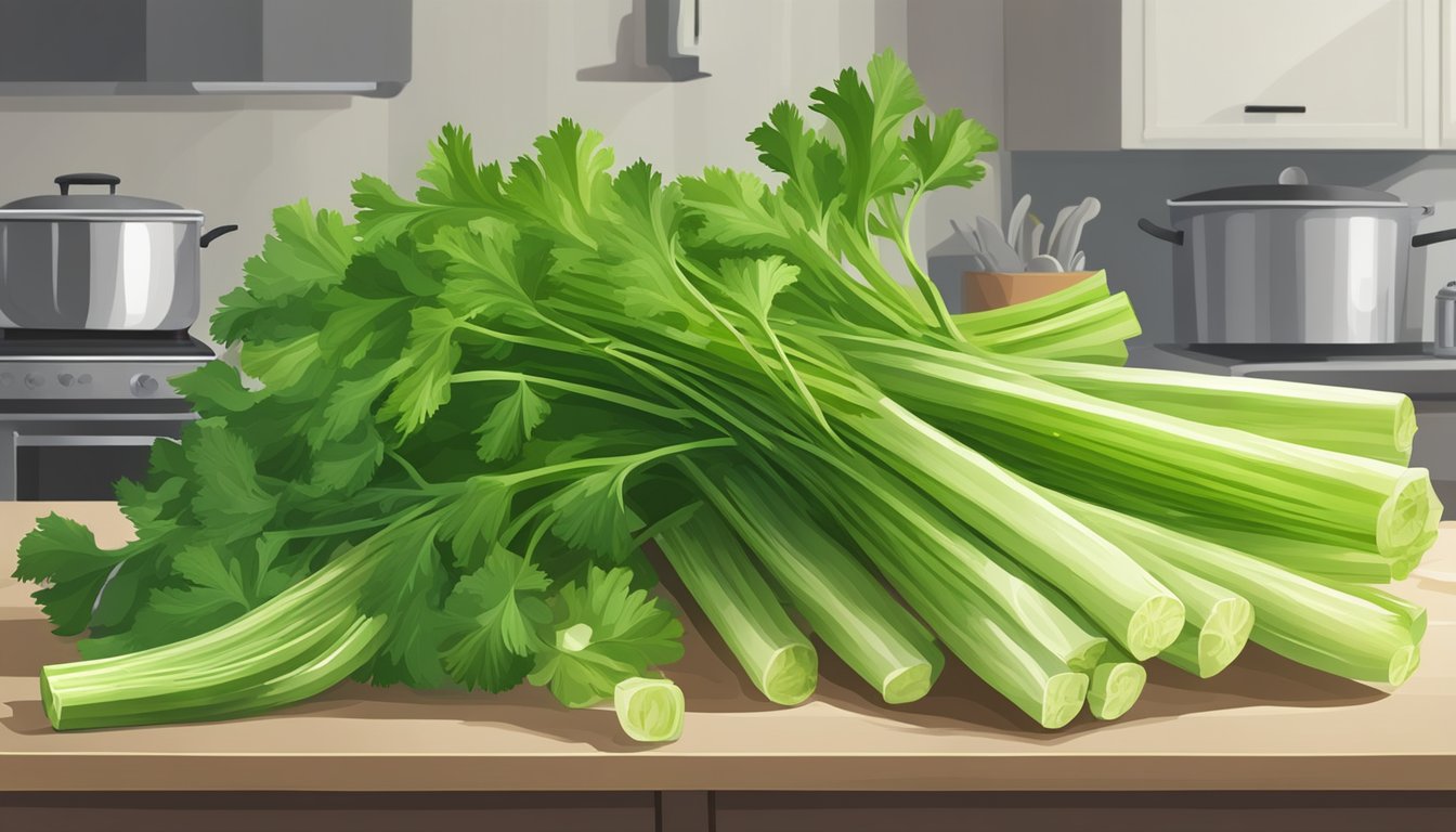 A bunch of celery with varying degrees of freshness, from crisp to wilted, sitting on a kitchen counter