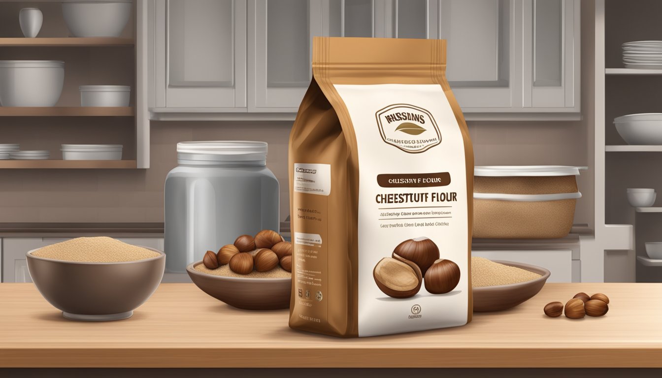 A bag of chestnut flour sits on a kitchen shelf, sealed and labeled with the expiration date