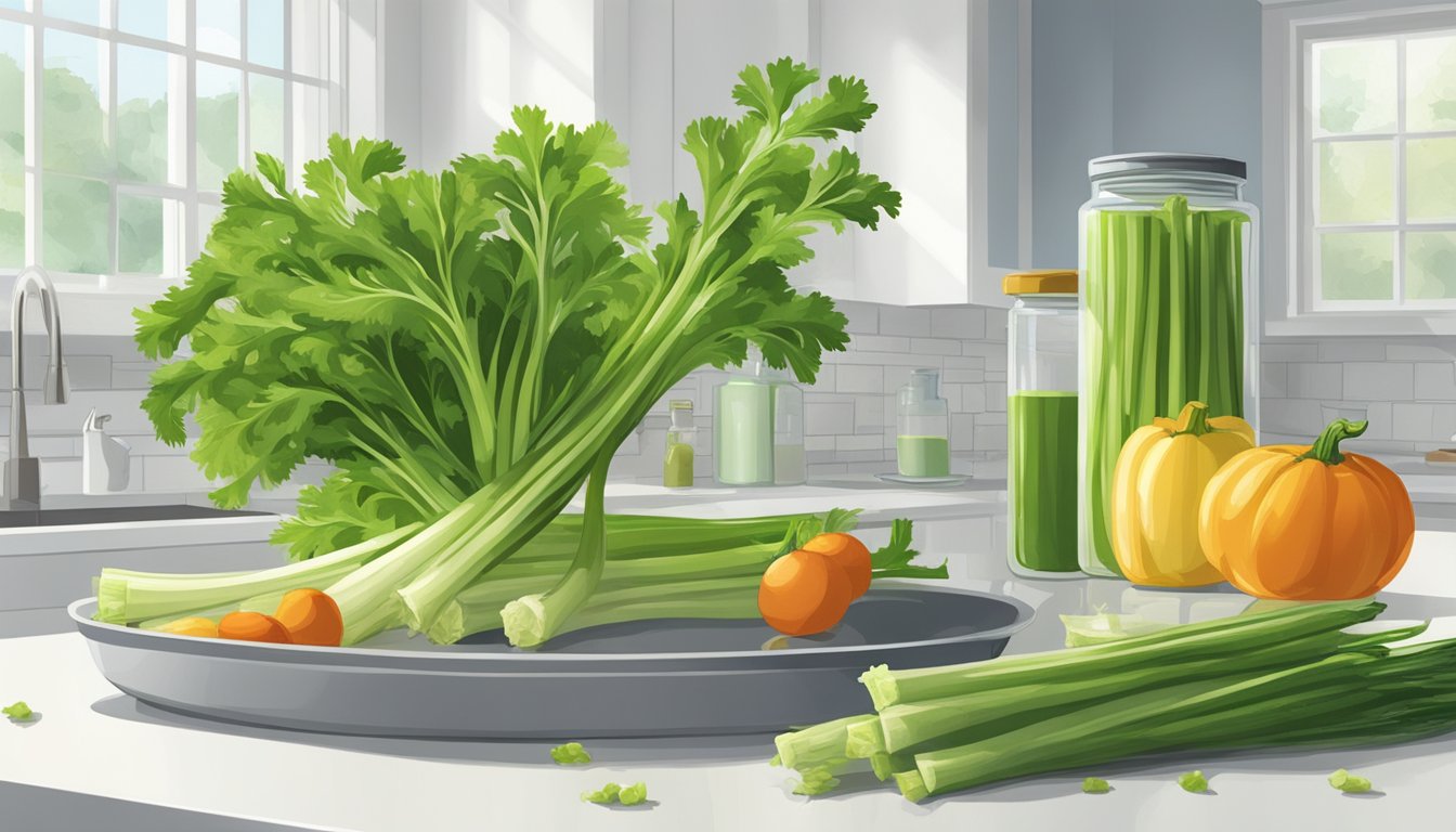 A stalk of celery sits on a clean, white kitchen counter, surrounded by other fresh vegetables. A clear, airtight container is nearby, preventing exposure to ethylene gas