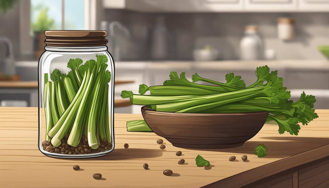 A small jar of celery seeds sits on a wooden kitchen counter, next to a sprig of fresh celery. The seeds are dry and brown, with a few scattered on the counter