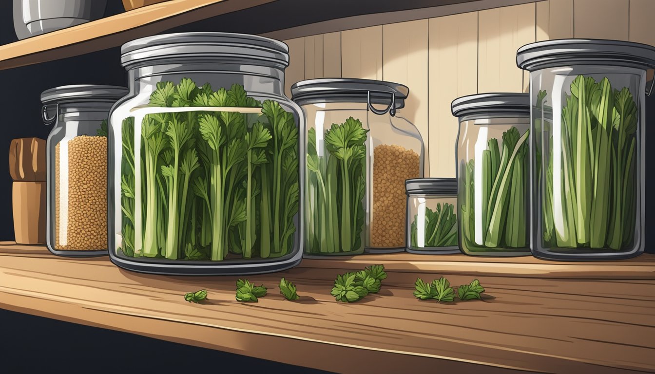 A glass jar filled with celery seeds sits on a shelf in a cool, dark pantry. The lid is tightly sealed to maintain optimal storage conditions