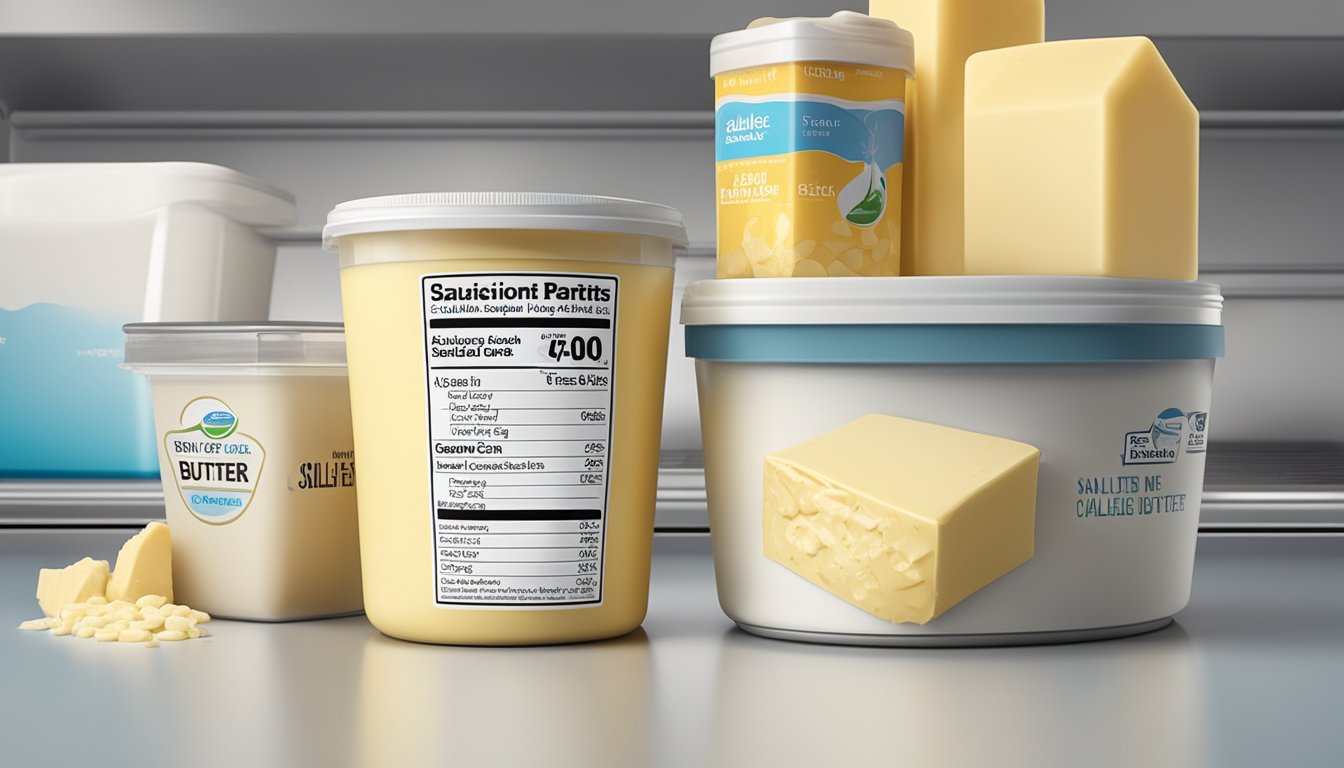 A stick of Challenge Salted Butter sits in a labeled, airtight container in a refrigerator next to other dairy products