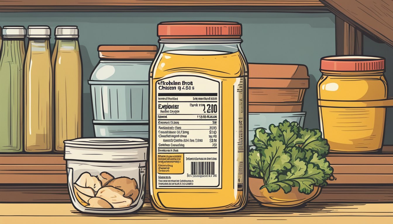 A clear glass jar of chicken broth sits on a shelf, surrounded by other pantry items. The label indicates the expiration date