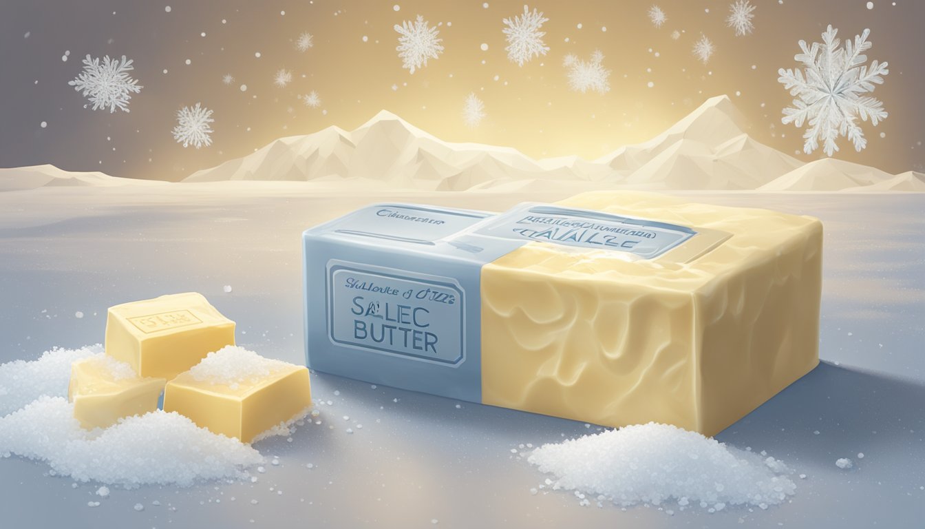 A stick of Challenge Salted Butter sits in a freezer, surrounded by ice crystals. A calendar on the wall shows the current date and an expiration date in the future