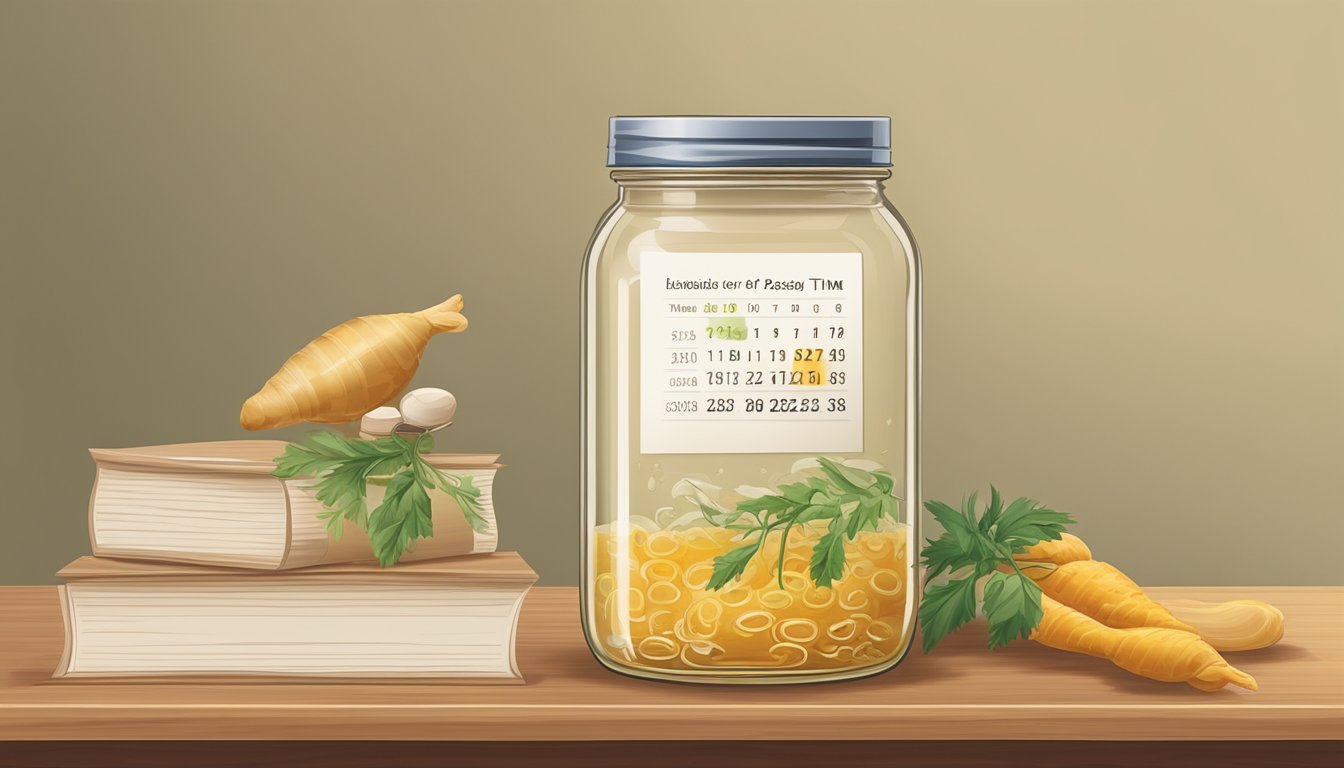 A clear glass jar of chicken broth sits on a shelf, surrounded by a calendar, with dates crossed off, indicating the passage of time