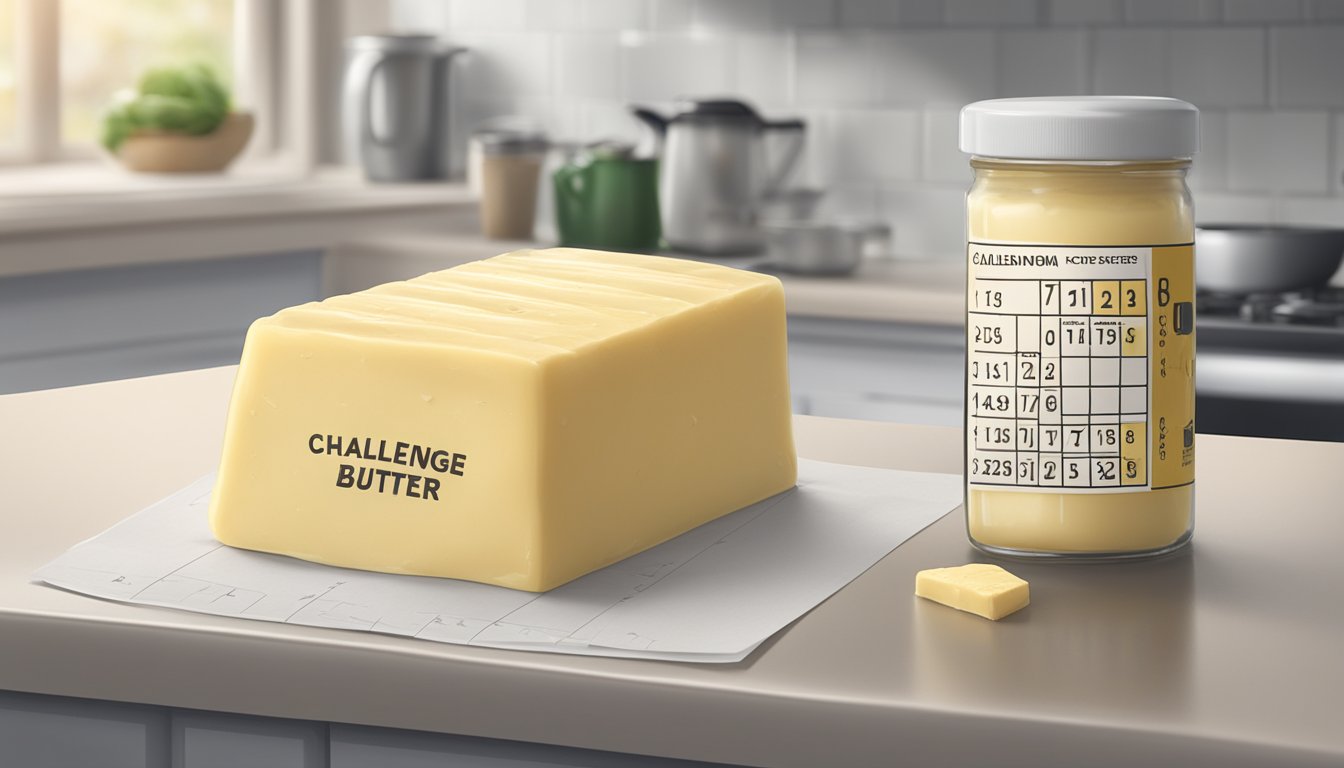 A stick of Challenge Salted Butter sits on a kitchen counter, with a calendar in the background showing the current date and a few days crossed off