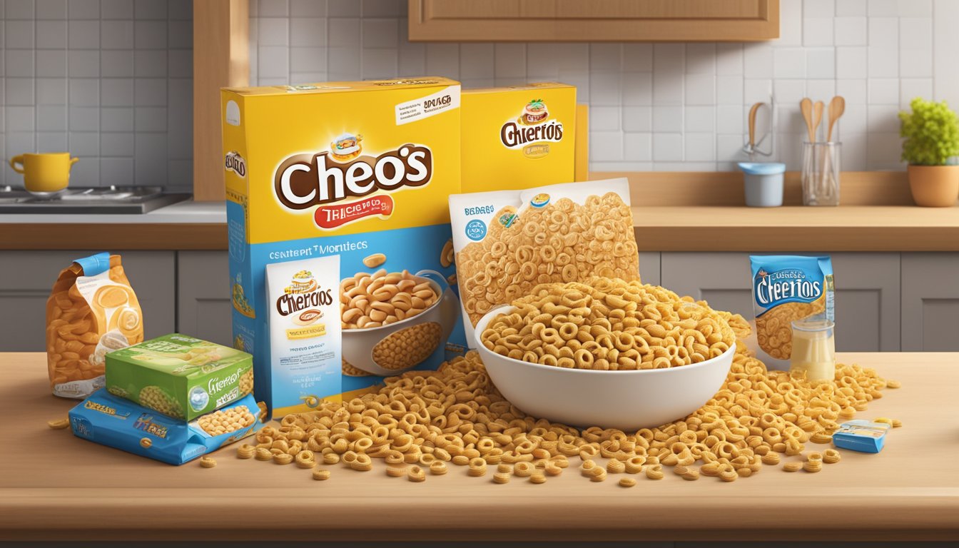 A box of Cheerios sits on a kitchen counter, surrounded by a variety of pantry items. The box is open, with a handful of Cheerios spilling out onto the counter