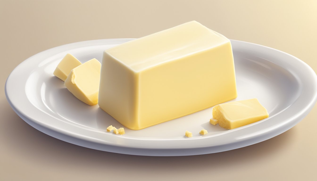 A stick of unsalted butter sits on a clean, white ceramic dish. The butter is surrounded by a soft, warm glow, indicating freshness and quality