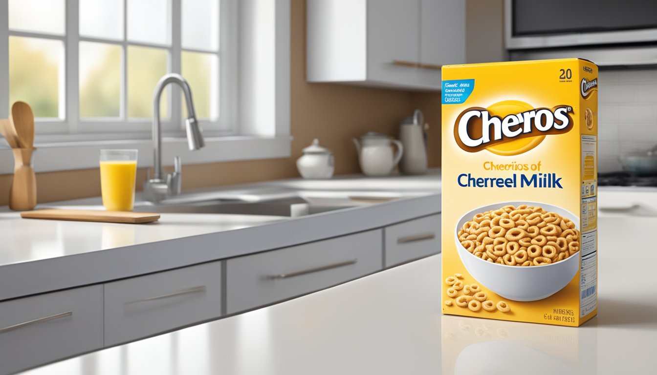 A bowl of Cheerios sits on a clean, white kitchen counter next to a carton of milk. The cereal is still in its original packaging, unopened and untouched