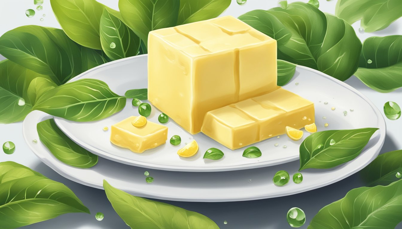 A golden block of Challenge Unsalted Butter sits on a clean, white porcelain dish, surrounded by vibrant, green leaves and a few scattered drops of water