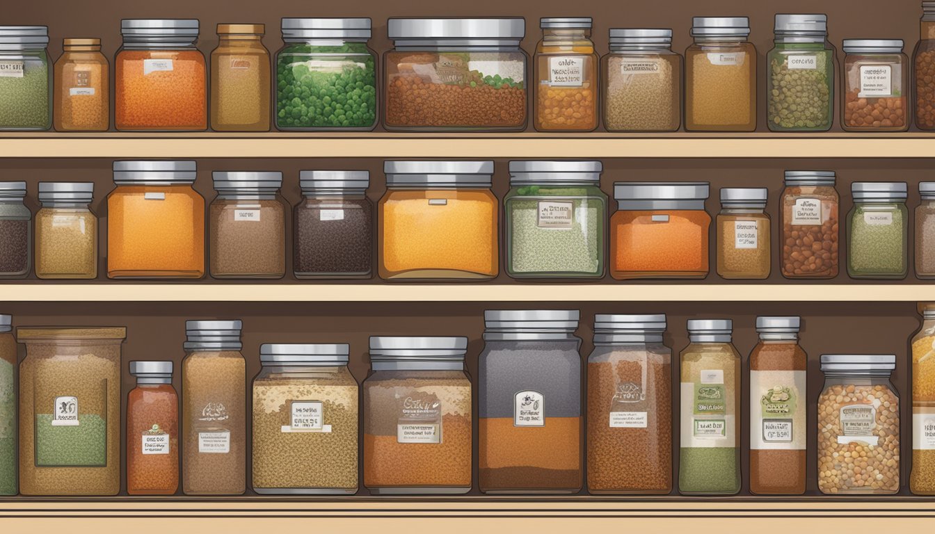 A jar of Chinese five-spice powder sits on a shelf, surrounded by colorful spices and herbs. The label indicates a long shelf life