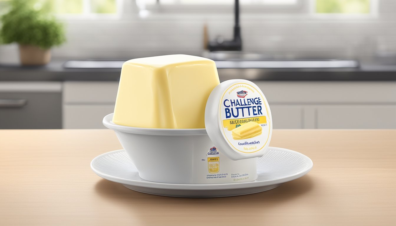 A stick of Challenge Unsalted Butter sits on a clean, white porcelain dish, covered with a clear, domed lid, in a bright, airy kitchen