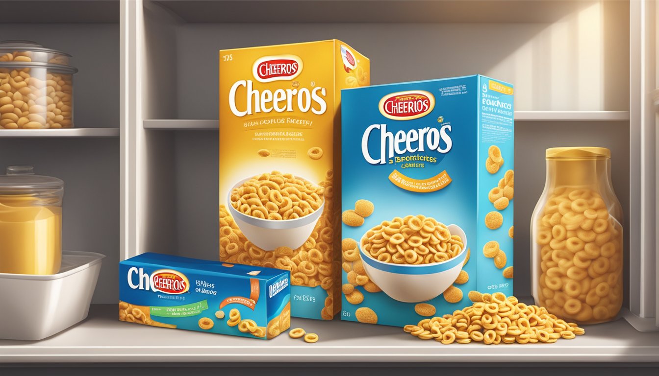 A sealed box of Cheerios sits on a clean, dry pantry shelf, away from direct sunlight and heat sources