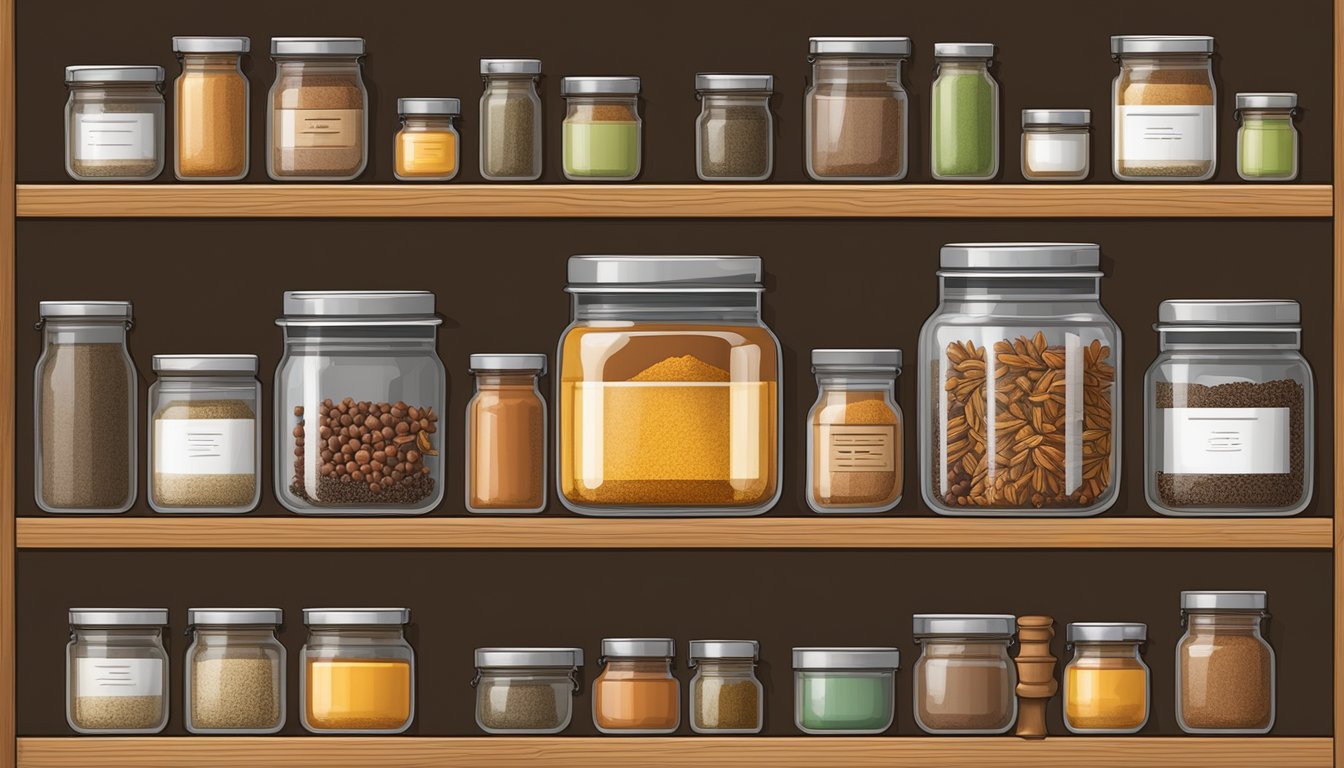 A tightly sealed glass jar on a pantry shelf, filled with aromatic Chinese five-spice powder, surrounded by other neatly organized spices