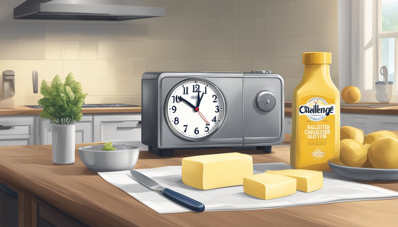 A stick of Challenge Unsalted Butter sits on a kitchen counter, next to a calendar and a clock, as it slowly softens at room temperature