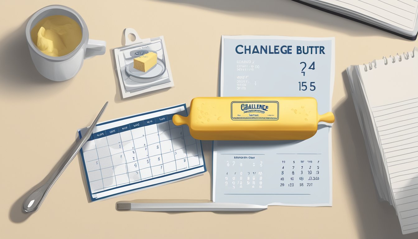 A stick of Challenge Unsalted Butter sits on a kitchen counter, surrounded by a calendar and a thermometer, with a question mark hovering above it