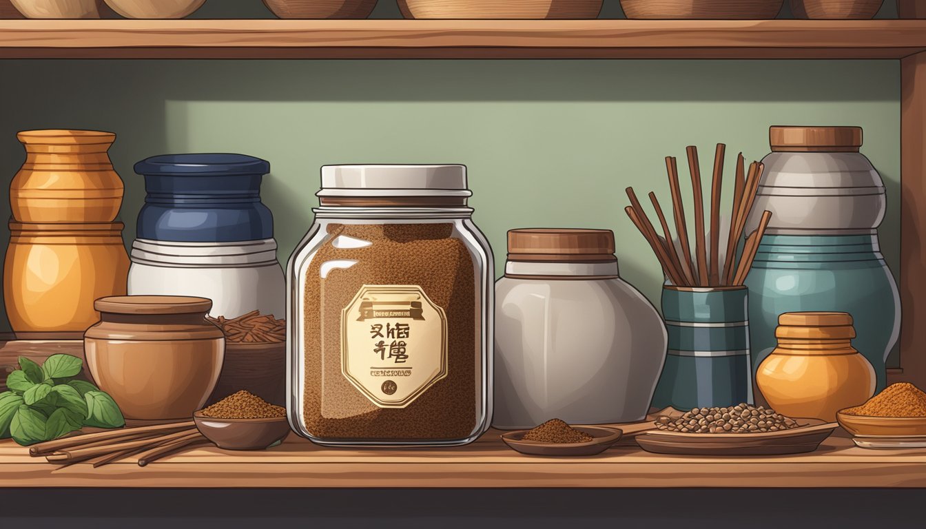 A jar of Chinese five-spice powder sits on a kitchen shelf, surrounded by traditional Chinese cooking ingredients