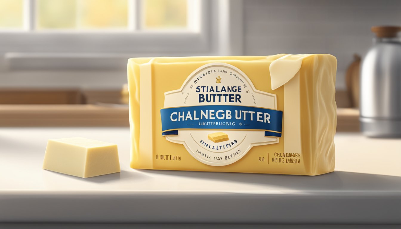 A stick of Challenge Unsalted Butter sits on a clean, white kitchen counter next to a knife. Sunlight streams in through the window, casting a warm glow on the butter