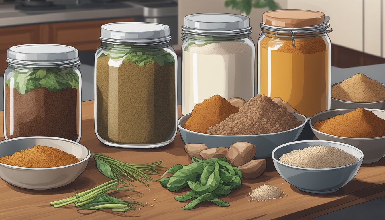 A jar of Chinese five-spice powder sits on a kitchen counter next to various foods like meat, vegetables, and rice