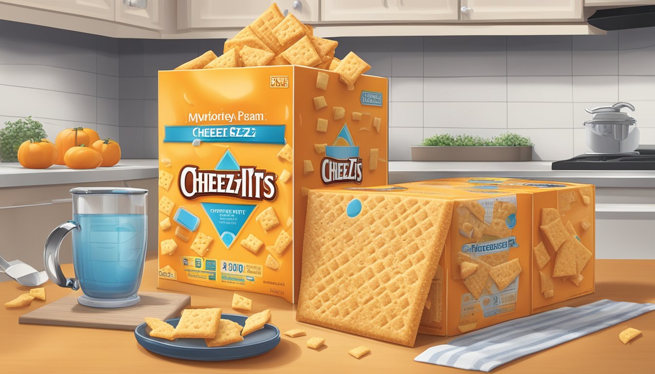 A box of Cheez-Its sits on a kitchen counter, surrounded by various temperature and humidity levels