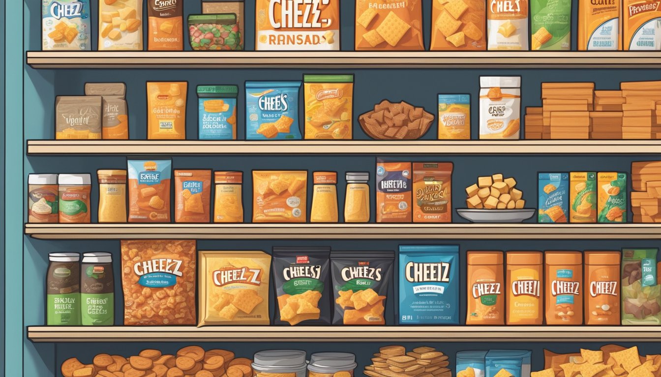 An open box of Cheez-Its sits on a clean, organized pantry shelf, surrounded by other neatly arranged snacks and dry goods