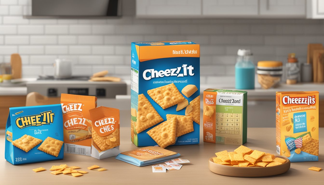 A box of Cheez-Its sits unopened on a kitchen counter, surrounded by various snacks and a calendar showing the current date