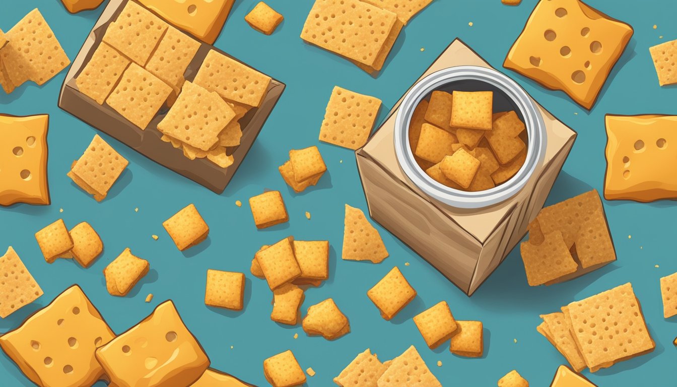 A box of stale Cheez-Its scattered on a table, some arranged in a pattern, others crumbled, with a few placed in a decorative jar