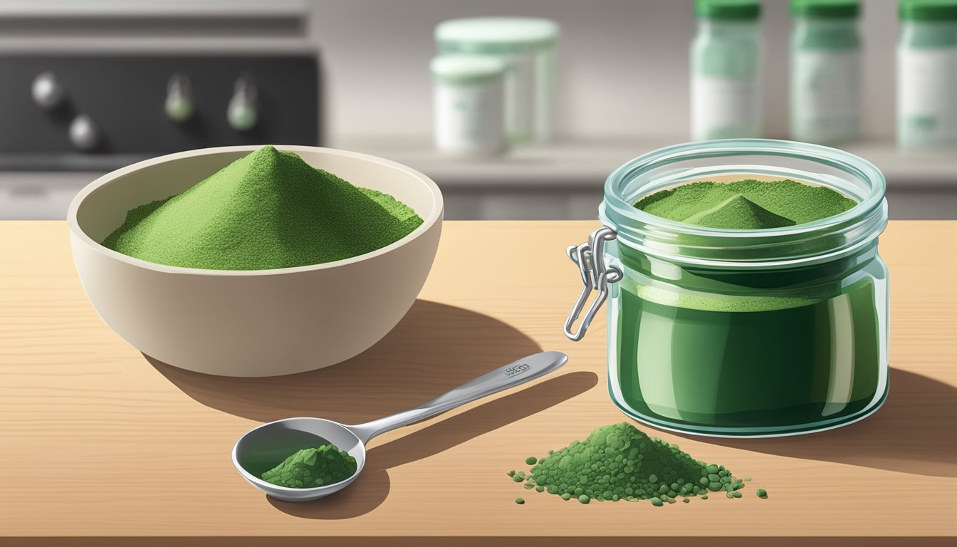 A clear glass jar of chlorella powder sits on a kitchen counter next to a measuring spoon and a sealed bag of the powder