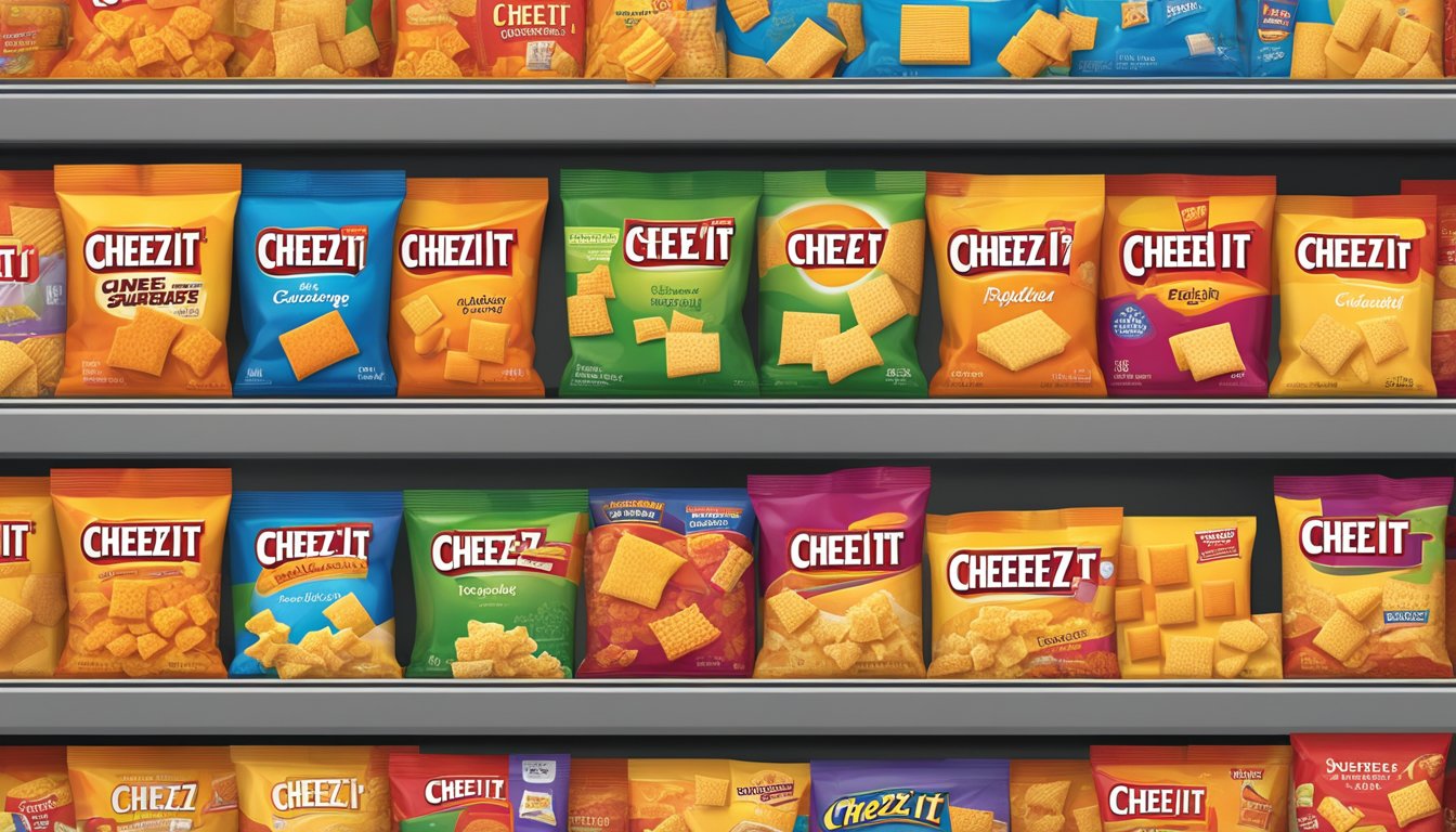 A variety of Cheez-It products arranged on a shelf, with different flavors and packaging options displayed