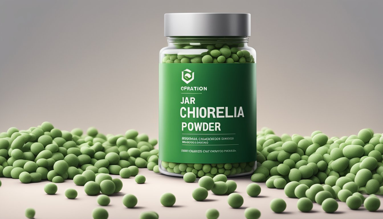 A jar of chlorella powder next to a pile of tablets. Expiration date visible on the packaging