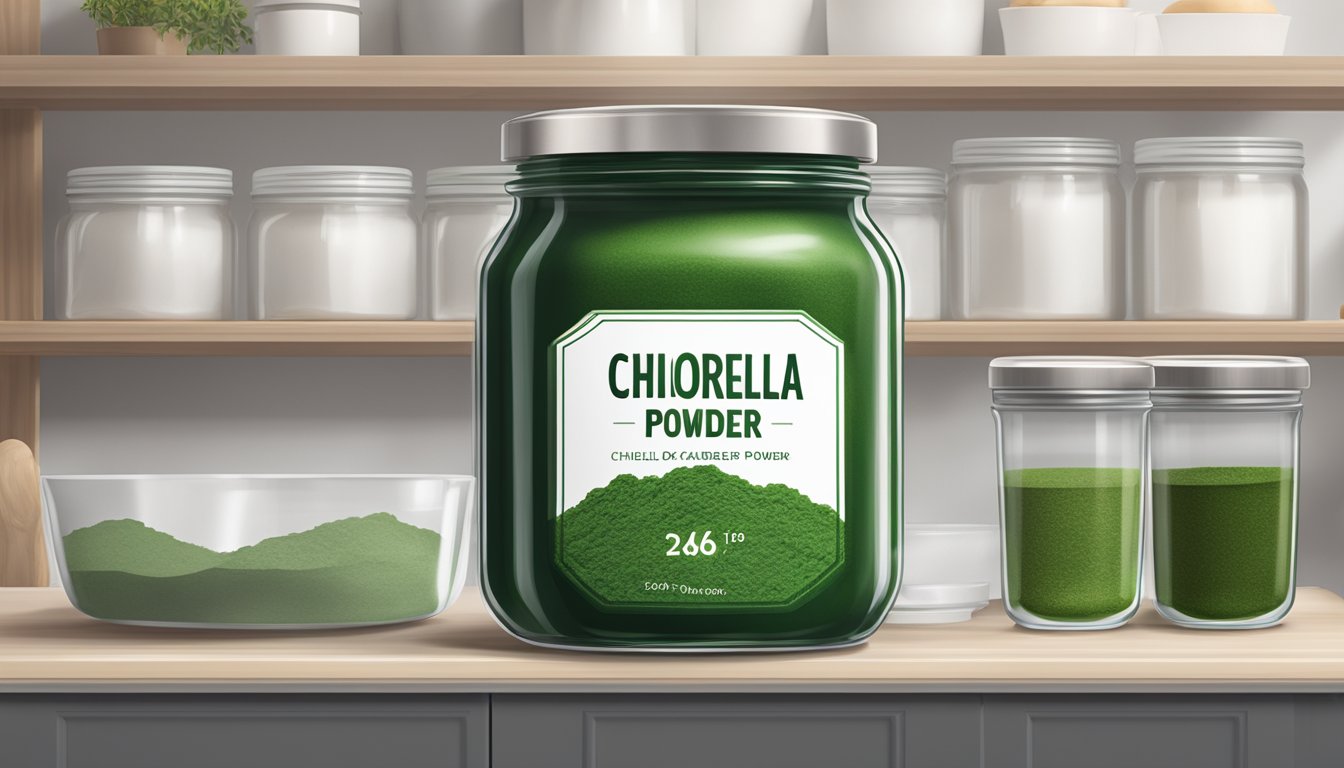 A sealed jar of chlorella powder on a clean, organized kitchen shelf, with a visible expiration date